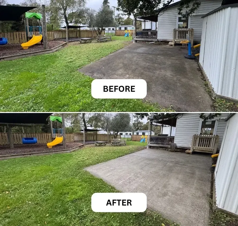 Slippery concrete at a Nelson playcentre before and after pressure cleaning
