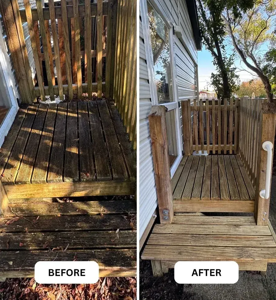 A timber deck in Nelson before and after pressure cleaning