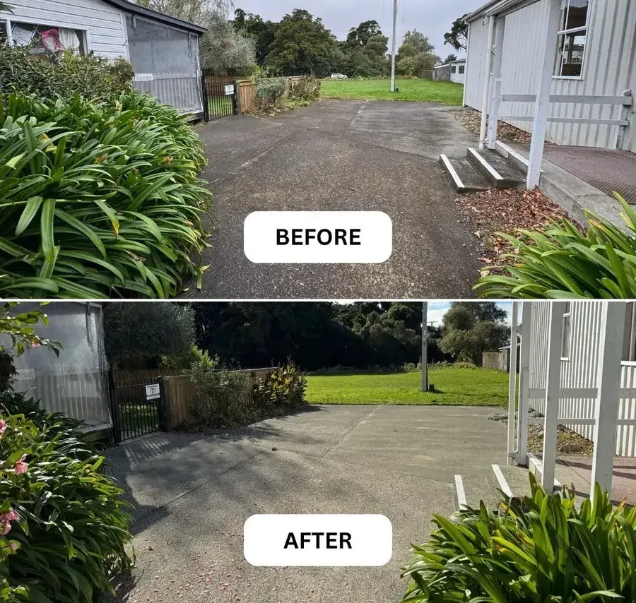 A concrete driveway in Nelson, half cleaned to show the before and after