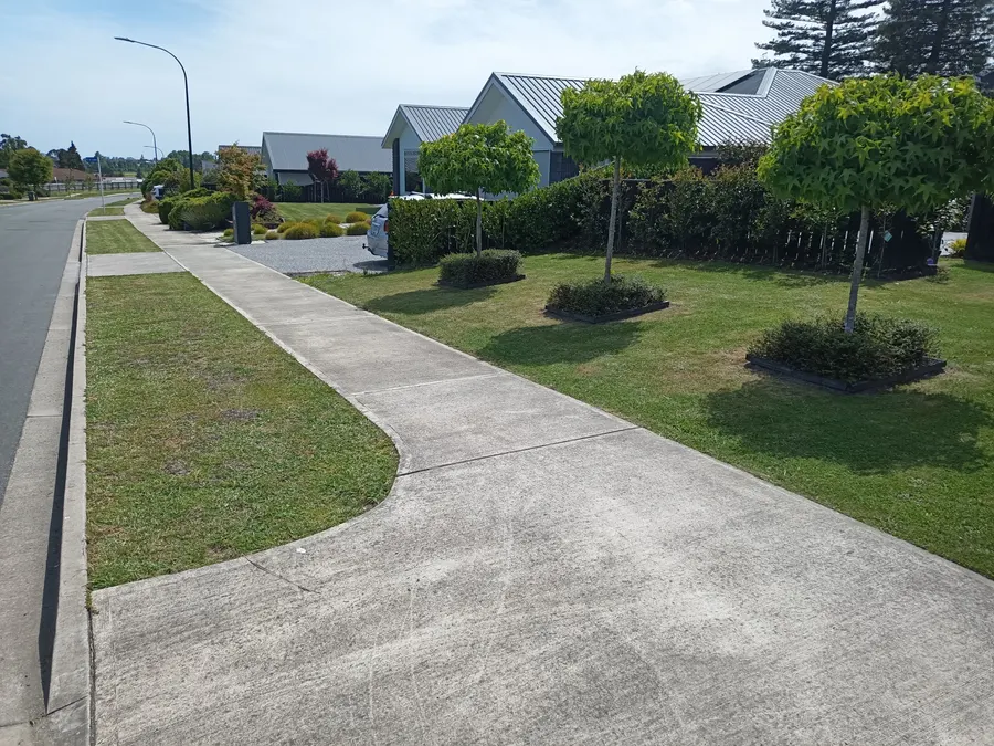 Mown and edged lawns either side of a driveway in Nelson
